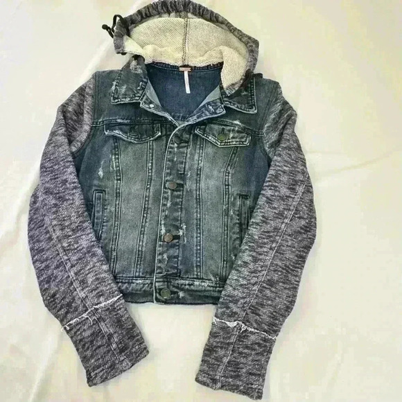 Free People Denim And Knit Hooded Grunge Western Jacket in  Indigo Blue Small - Picture 5 of 13